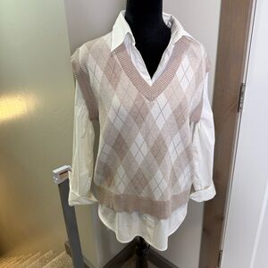 Max Studio‎ Women's Layered Argyle Print Sweater Vest Brown Cream Tan Business M